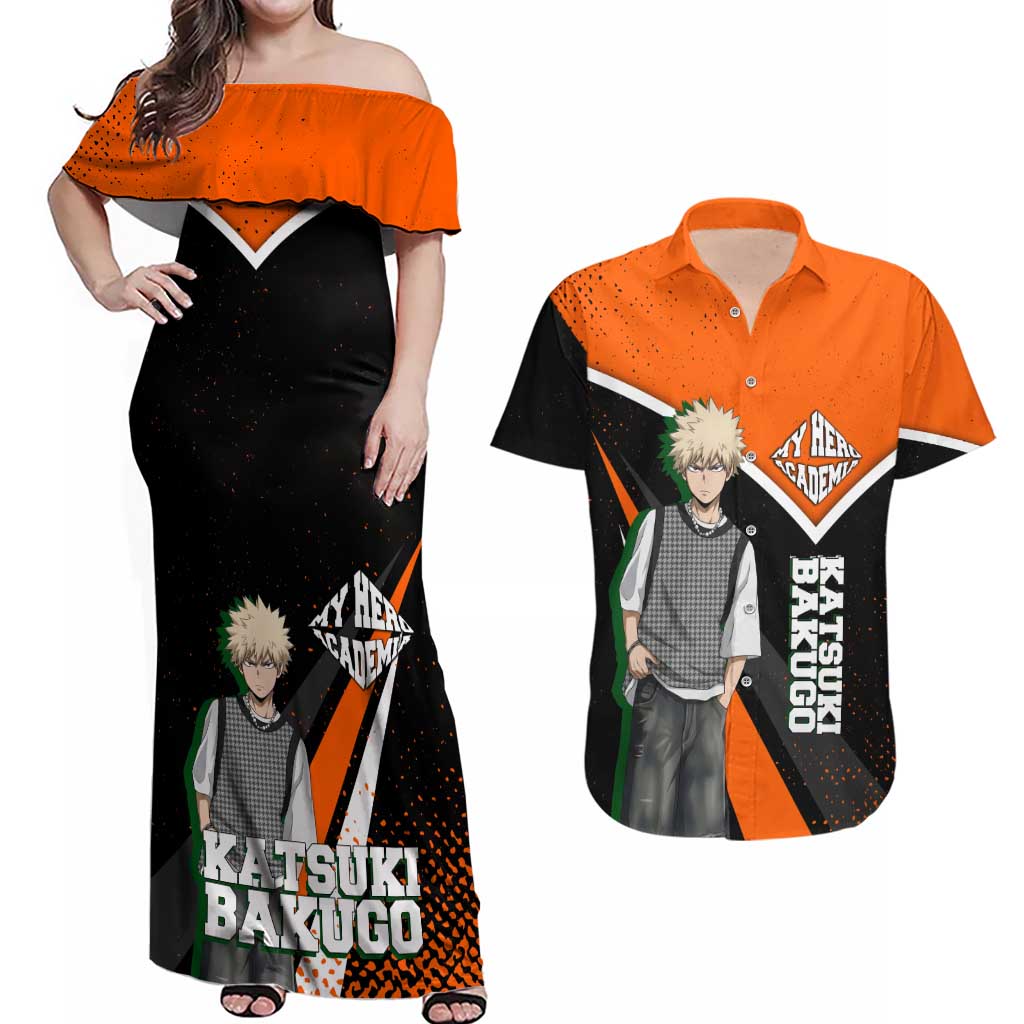 Katsuki Bakugo My Hero Academia Couples Matching Off Shoulder Maxi Dress and Hawaiian Shirt Anime Grunge Splatter Graphic Style