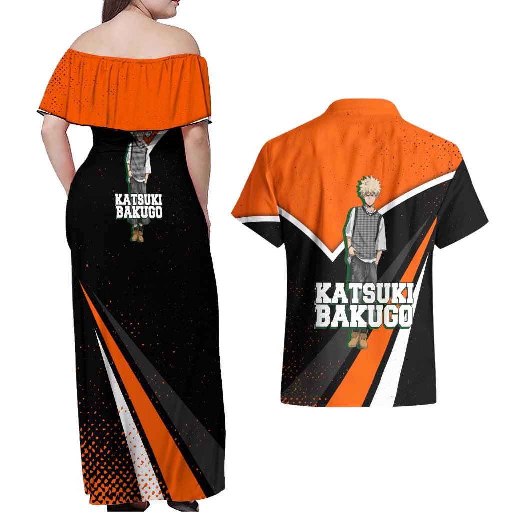 Katsuki Bakugo My Hero Academia Couples Matching Off Shoulder Maxi Dress and Hawaiian Shirt Anime Grunge Splatter Graphic Style