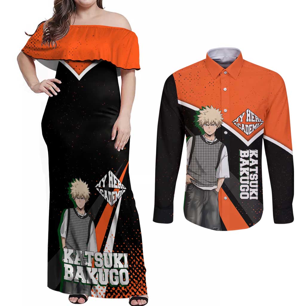 Katsuki Bakugo My Hero Academia Couples Matching Off Shoulder Maxi Dress and Long Sleeve Button Shirt Anime Grunge Splatter Graphic Style