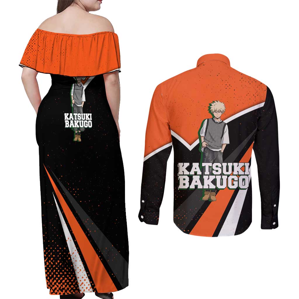 Katsuki Bakugo My Hero Academia Couples Matching Off Shoulder Maxi Dress and Long Sleeve Button Shirt Anime Grunge Splatter Graphic Style