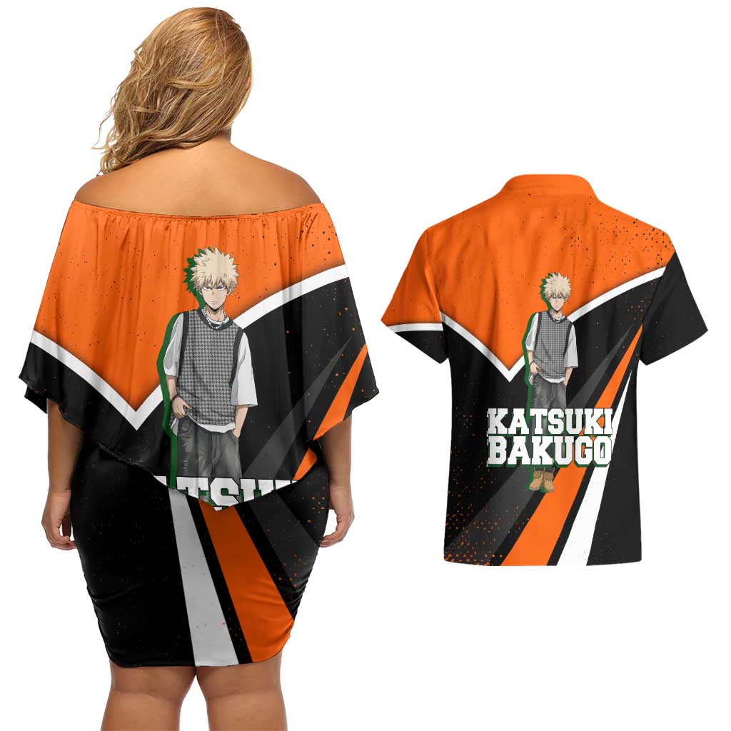 Katsuki Bakugo My Hero Academia Couples Matching Off Shoulder Short Dress and Hawaiian Shirt Anime Grunge Splatter Graphic Style