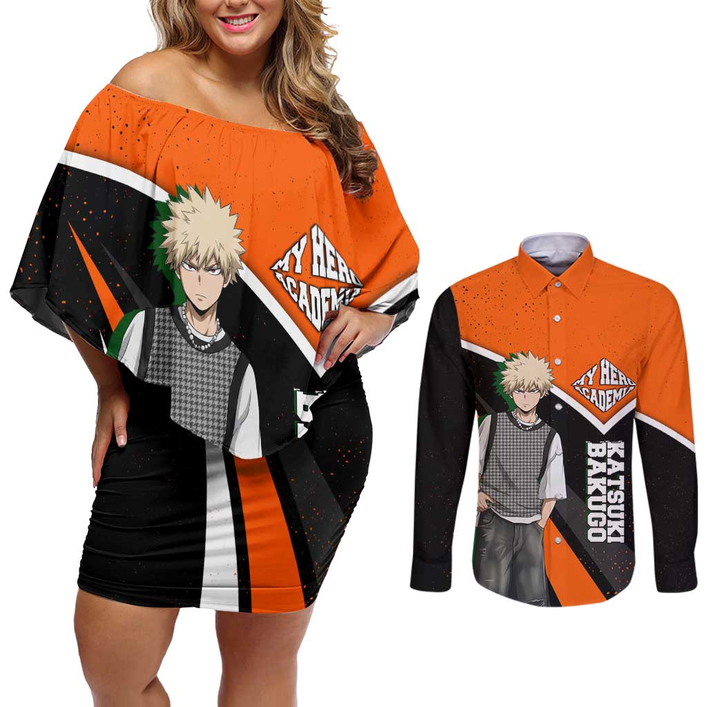 Katsuki Bakugo My Hero Academia Couples Matching Off Shoulder Short Dress and Long Sleeve Button Shirt Anime Grunge Splatter Graphic Style