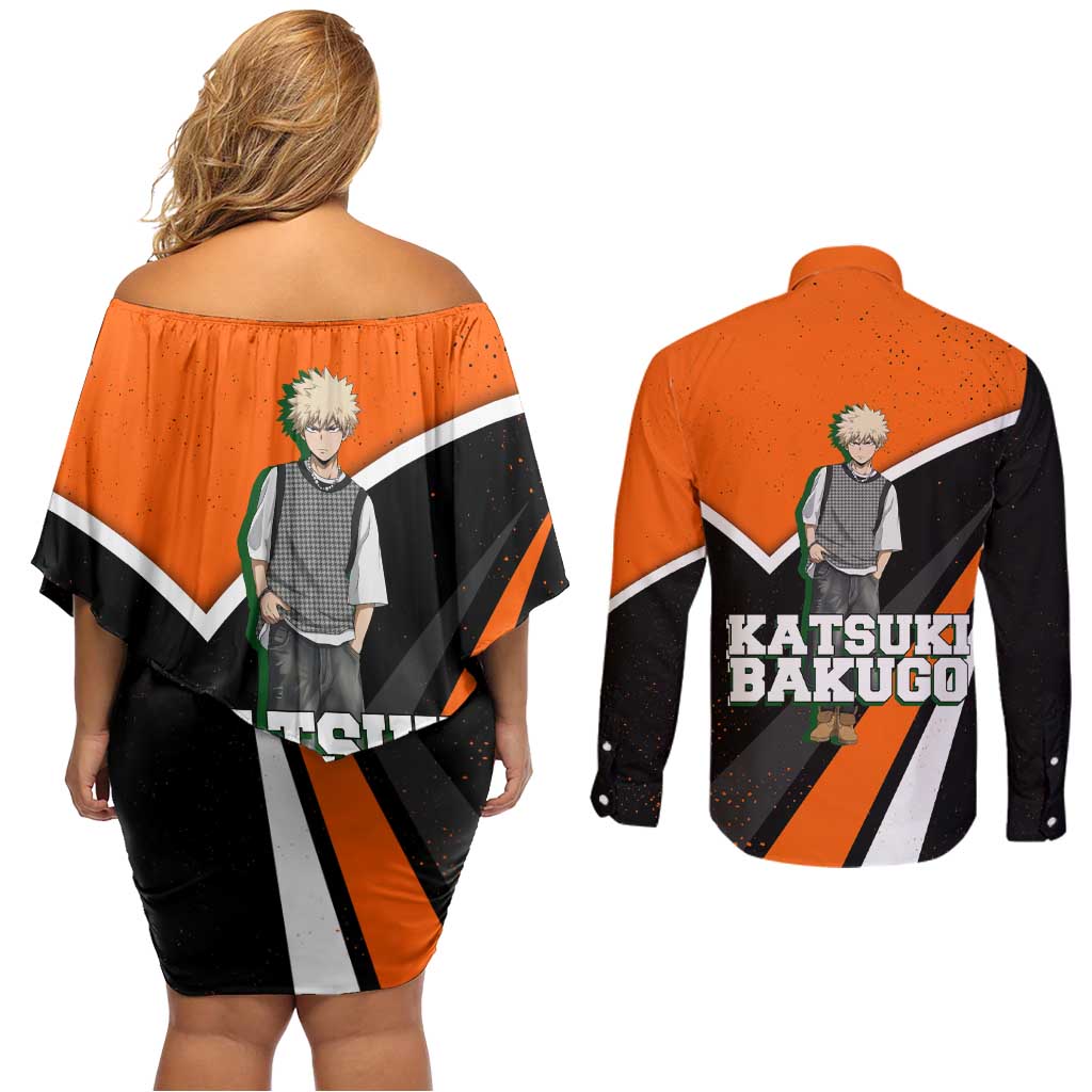 Katsuki Bakugo My Hero Academia Couples Matching Off Shoulder Short Dress and Long Sleeve Button Shirt Anime Grunge Splatter Graphic Style