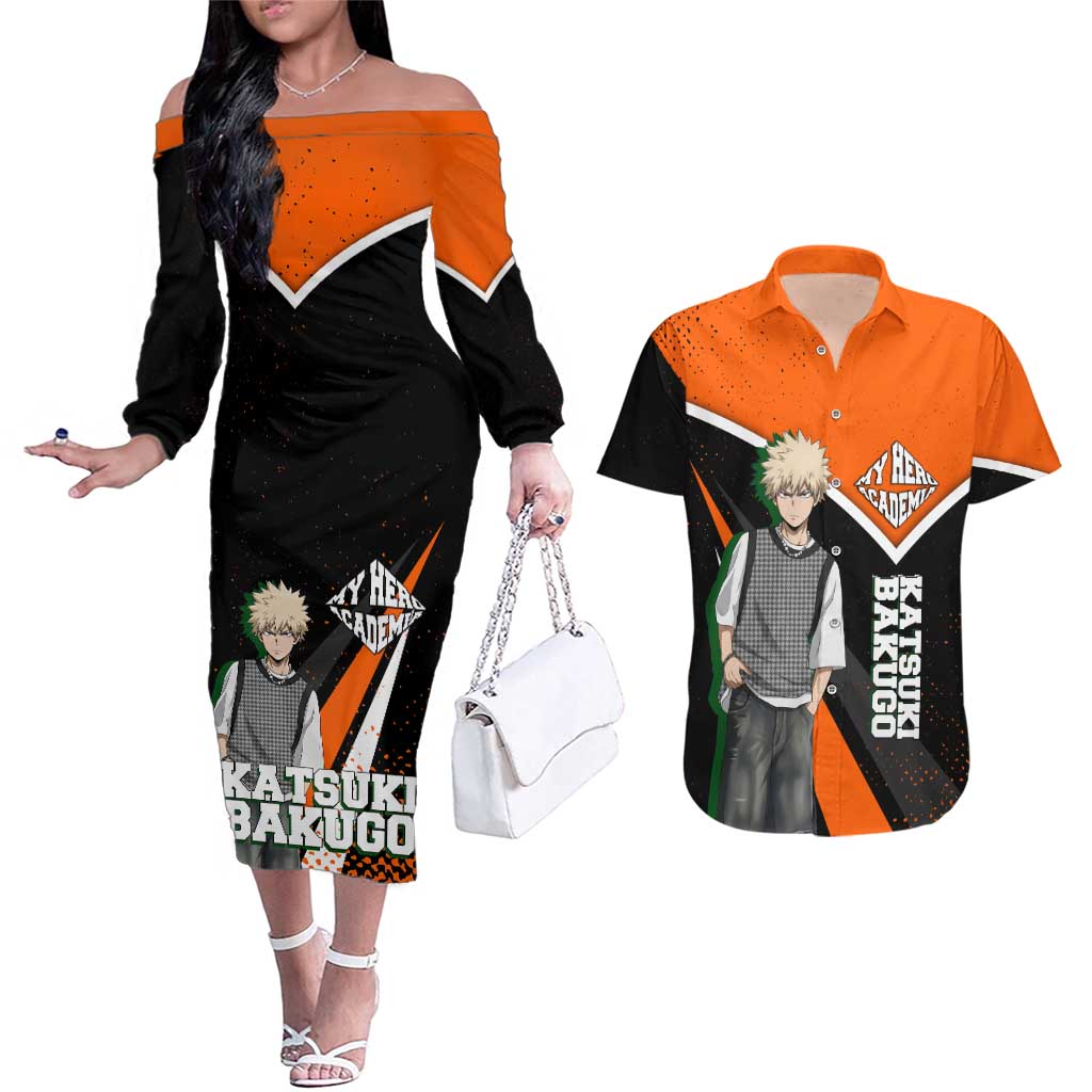 Katsuki Bakugo My Hero Academia Couples Matching Off The Shoulder Long Sleeve Dress and Hawaiian Shirt Anime Grunge Splatter Graphic Style