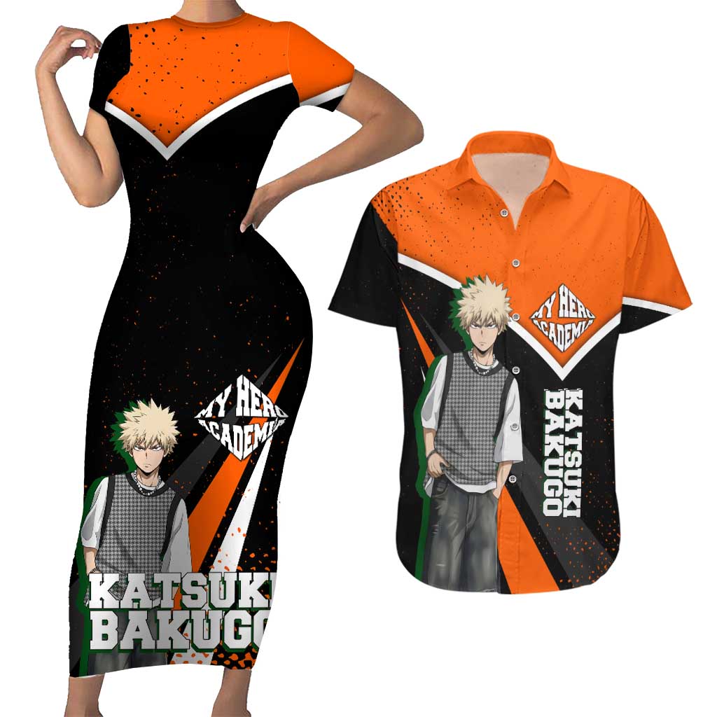 Katsuki Bakugo My Hero Academia Couples Matching Short Sleeve Bodycon Dress and Hawaiian Shirt Anime Grunge Splatter Graphic Style