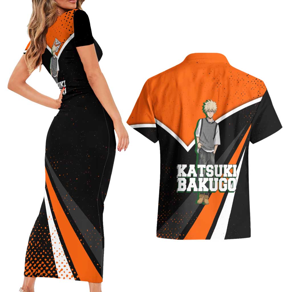 Katsuki Bakugo My Hero Academia Couples Matching Short Sleeve Bodycon Dress and Hawaiian Shirt Anime Grunge Splatter Graphic Style