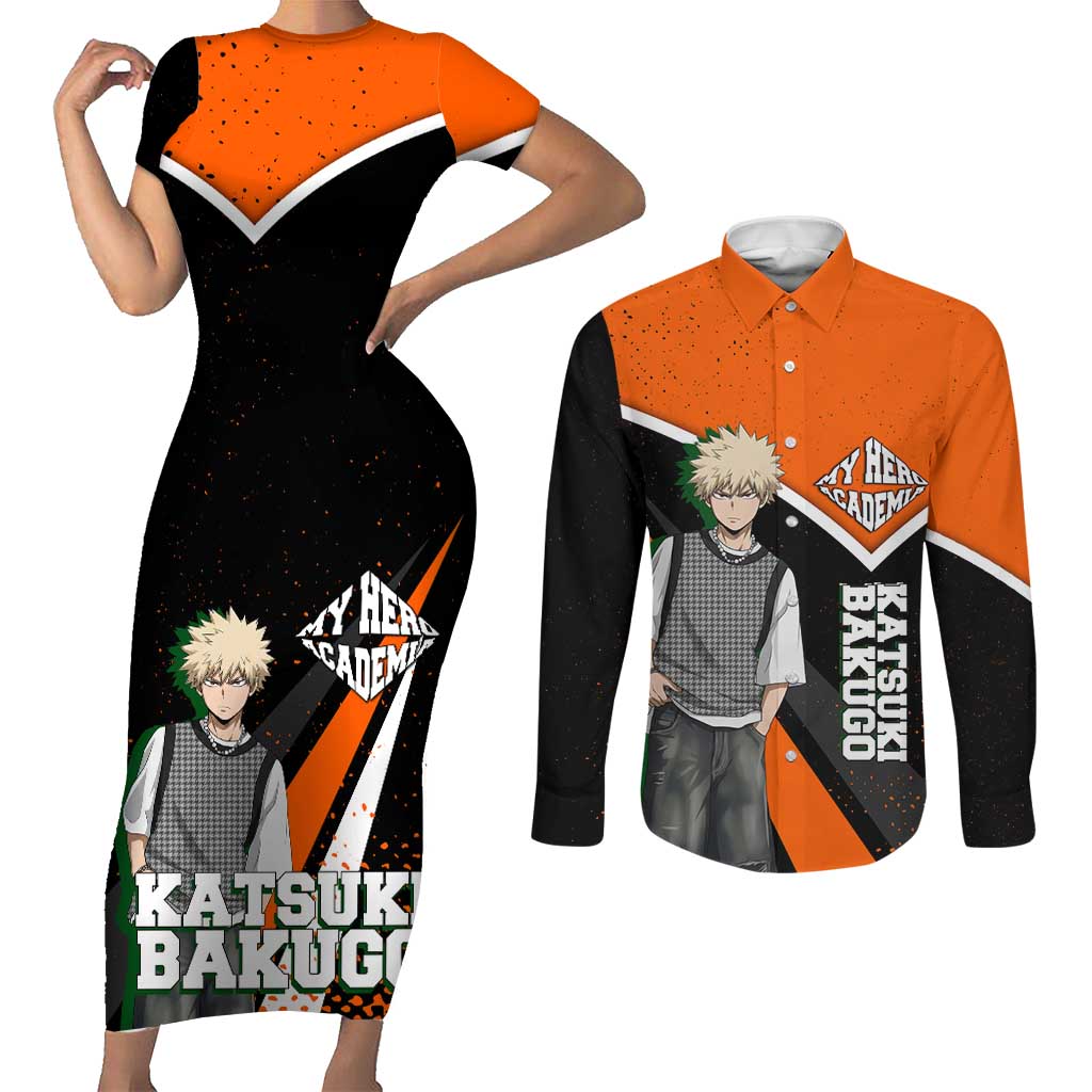 Katsuki Bakugo My Hero Academia Couples Matching Short Sleeve Bodycon Dress and Long Sleeve Button Shirt Anime Grunge Splatter Graphic Style