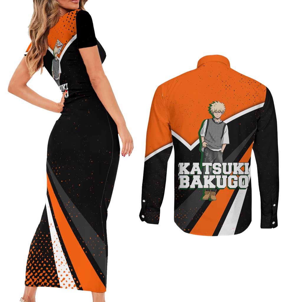Katsuki Bakugo My Hero Academia Couples Matching Short Sleeve Bodycon Dress and Long Sleeve Button Shirt Anime Grunge Splatter Graphic Style