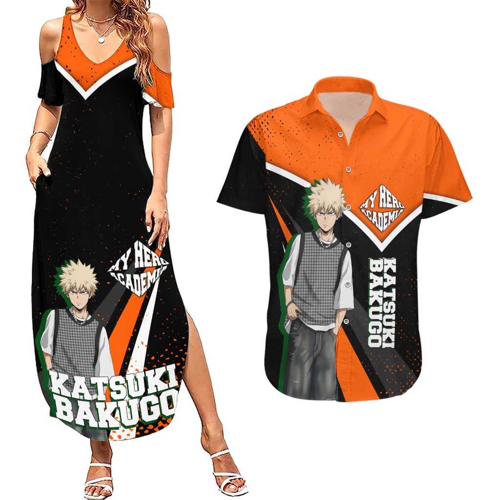 Katsuki Bakugo My Hero Academia Couples Matching Summer Maxi Dress and Hawaiian Shirt Anime Grunge Splatter Graphic Style