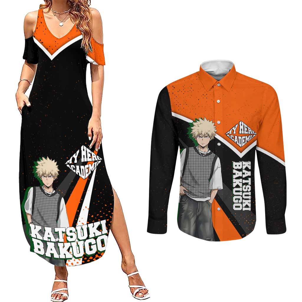 Katsuki Bakugo My Hero Academia Couples Matching Summer Maxi Dress and Long Sleeve Button Shirt Anime Grunge Splatter Graphic Style