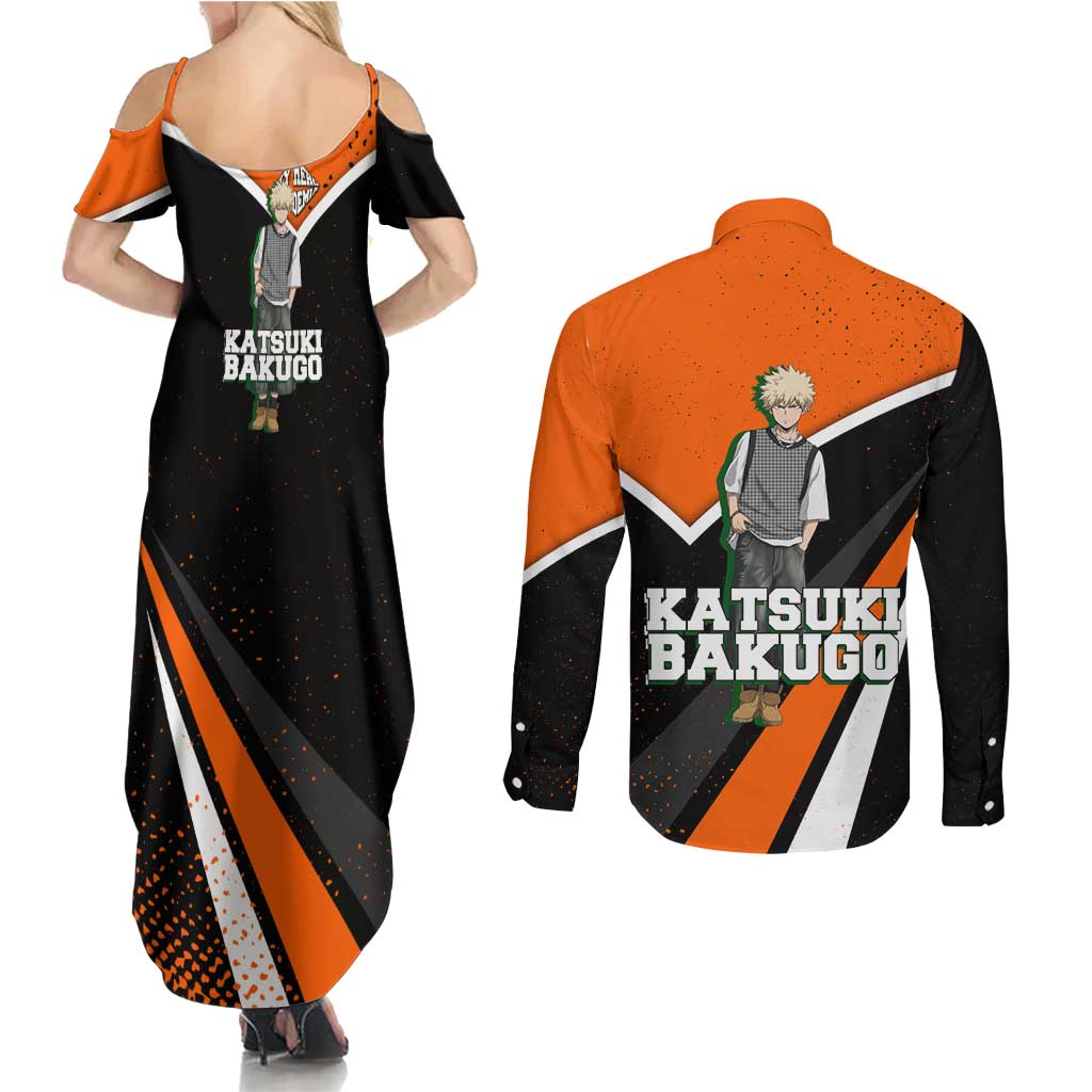 Katsuki Bakugo My Hero Academia Couples Matching Summer Maxi Dress and Long Sleeve Button Shirt Anime Grunge Splatter Graphic Style