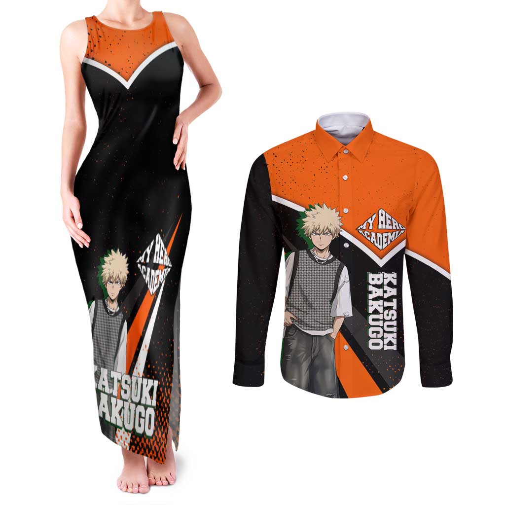 Katsuki Bakugo My Hero Academia Couples Matching Tank Maxi Dress and Long Sleeve Button Shirt Anime Grunge Splatter Graphic Style