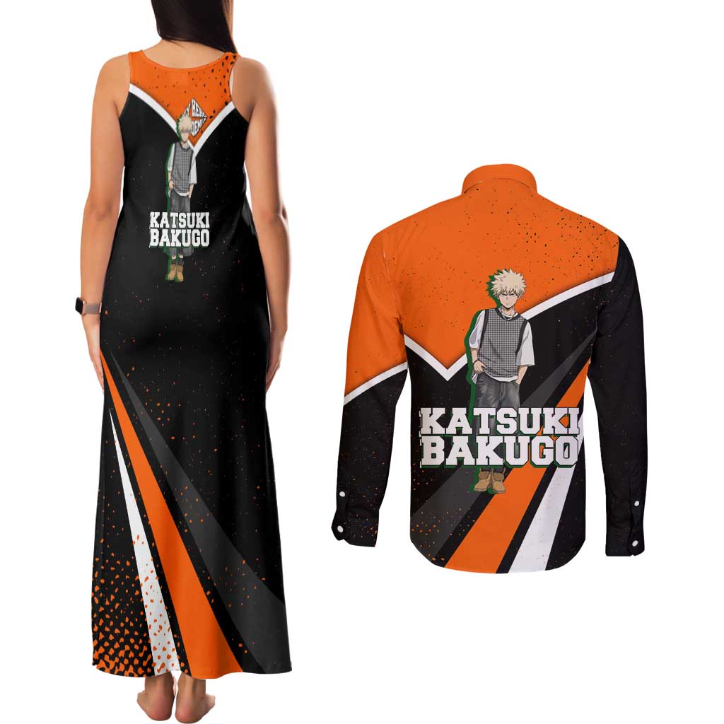 Katsuki Bakugo My Hero Academia Couples Matching Tank Maxi Dress and Long Sleeve Button Shirt Anime Grunge Splatter Graphic Style