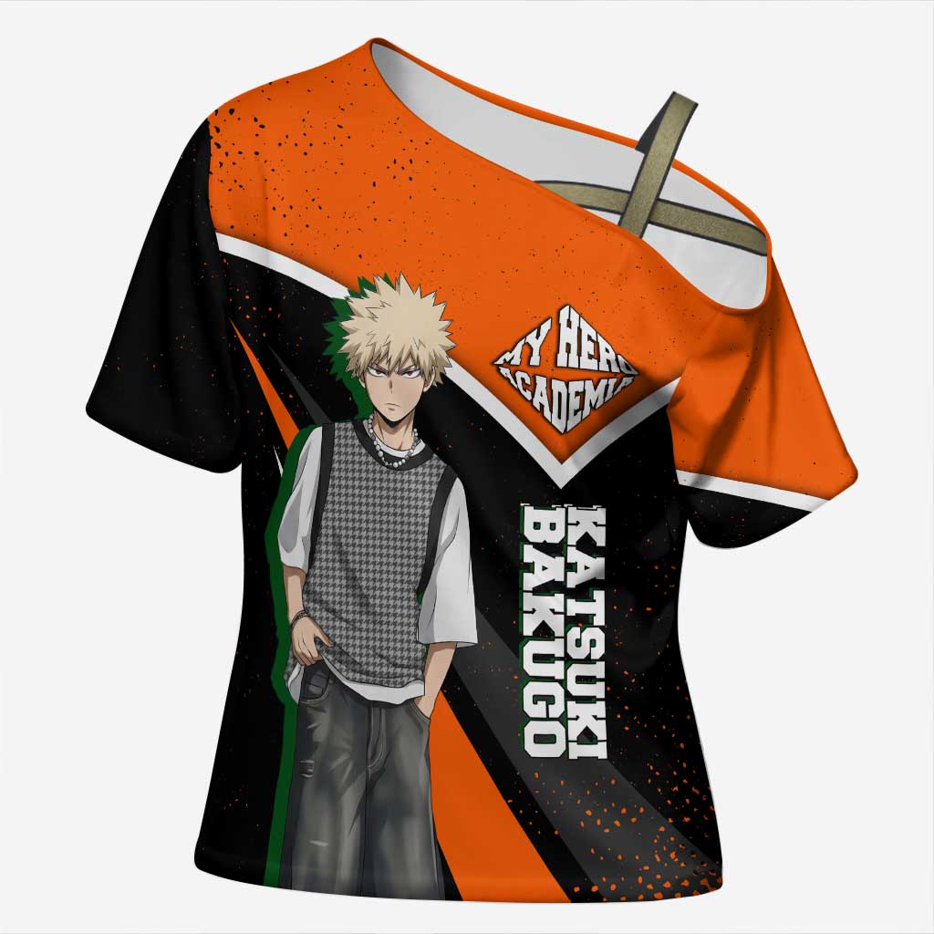 Katsuki Bakugo My Hero Academia Cross Shoulder Shirt Anime Grunge Splatter Graphic Style