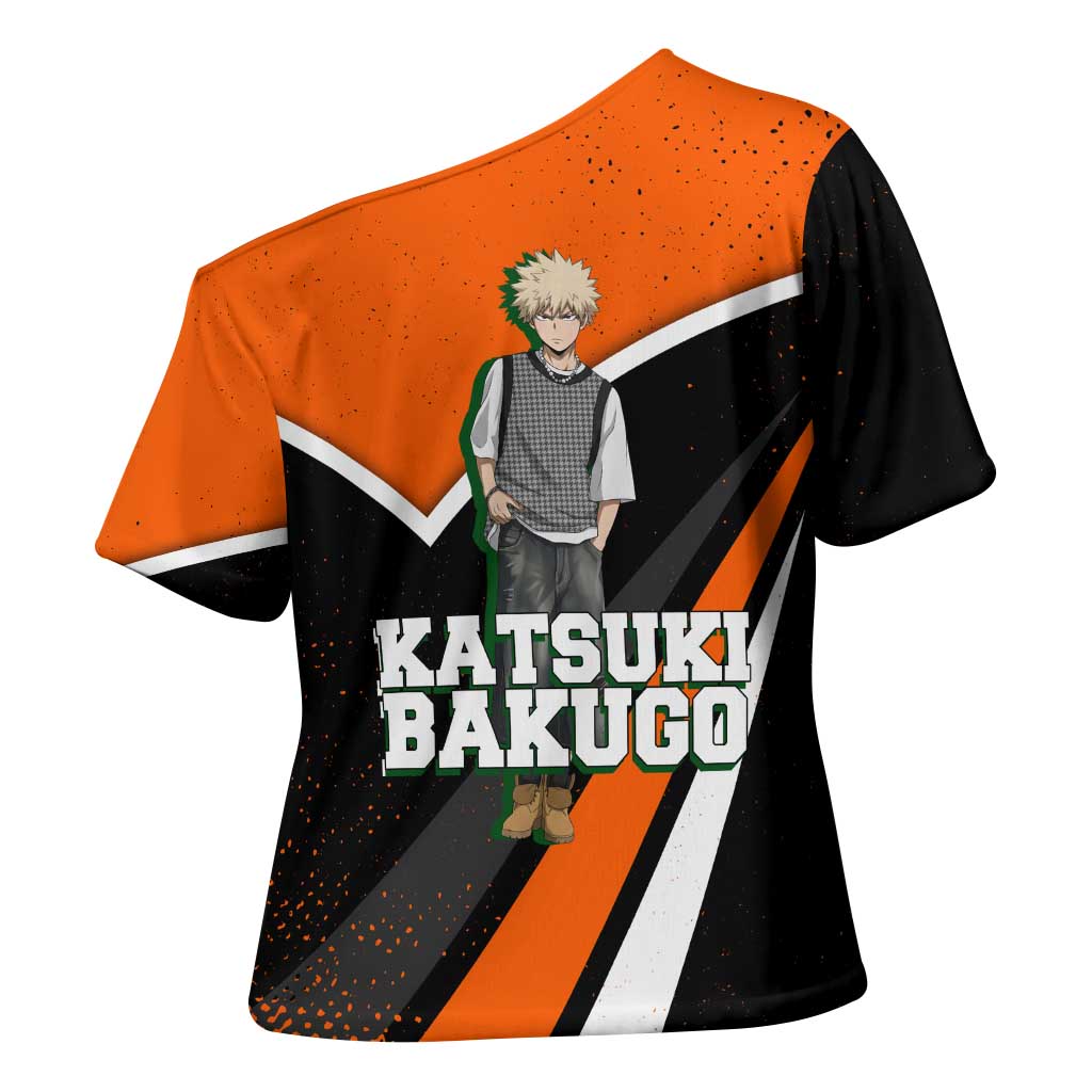 Katsuki Bakugo My Hero Academia Cross Shoulder Shirt Anime Grunge Splatter Graphic Style