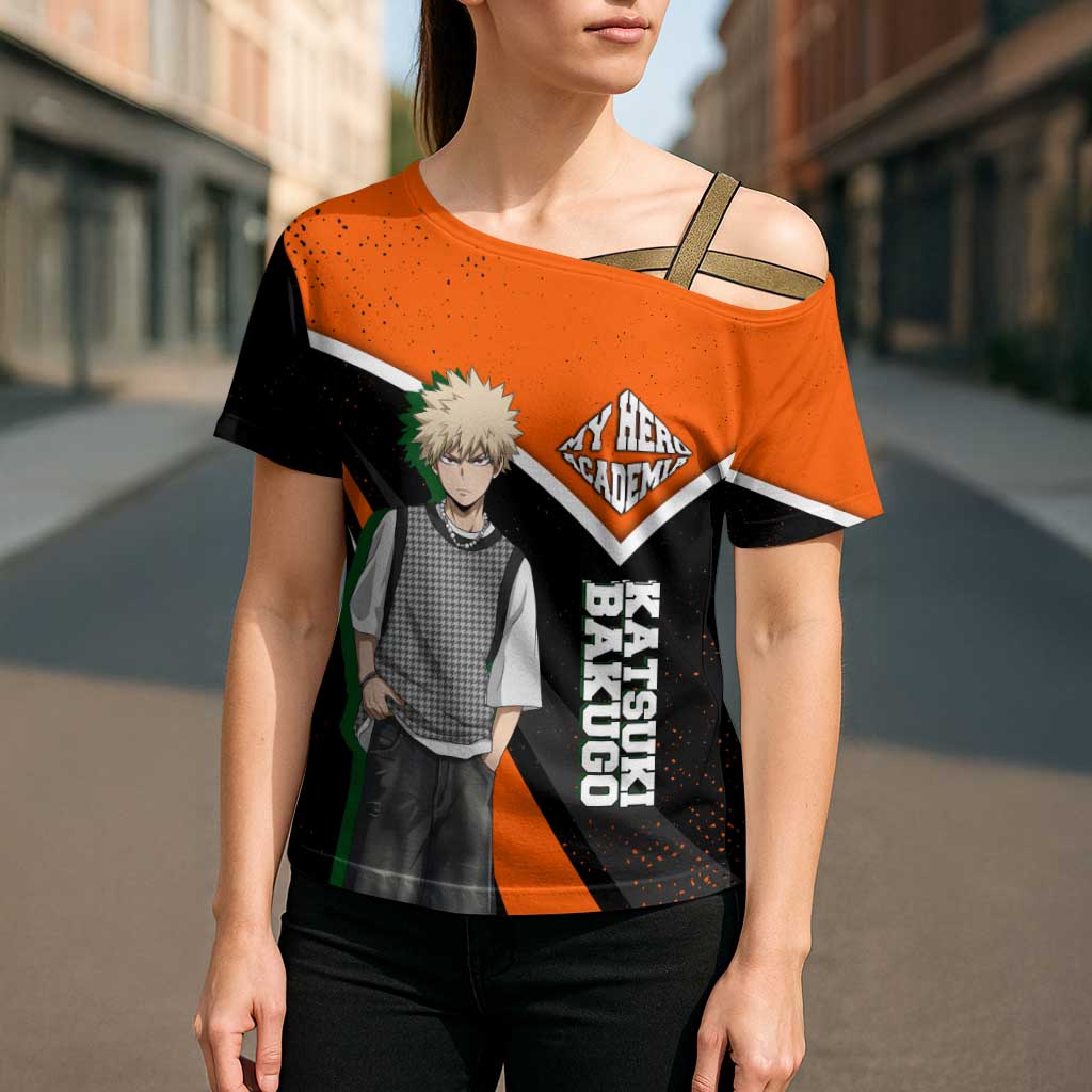Katsuki Bakugo My Hero Academia Cross Shoulder Shirt Anime Grunge Splatter Graphic Style