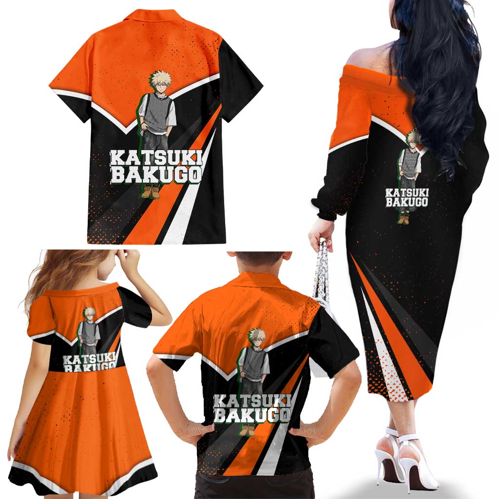Katsuki Bakugo My Hero Academia Family Matching Off The Shoulder Long Sleeve Dress and Hawaiian Shirt Anime Grunge Splatter Graphic Style