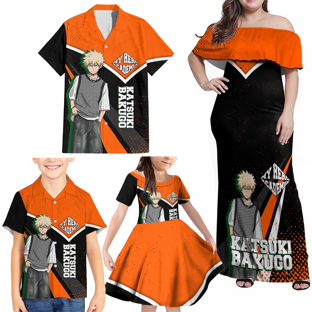 Katsuki Bakugo My Hero Academia Family Matching Off Shoulder Maxi Dress and Hawaiian Shirt Anime Grunge Splatter Graphic Style