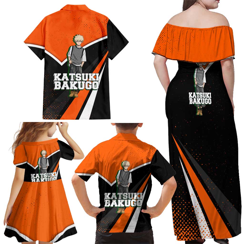 Katsuki Bakugo My Hero Academia Family Matching Off Shoulder Maxi Dress and Hawaiian Shirt Anime Grunge Splatter Graphic Style
