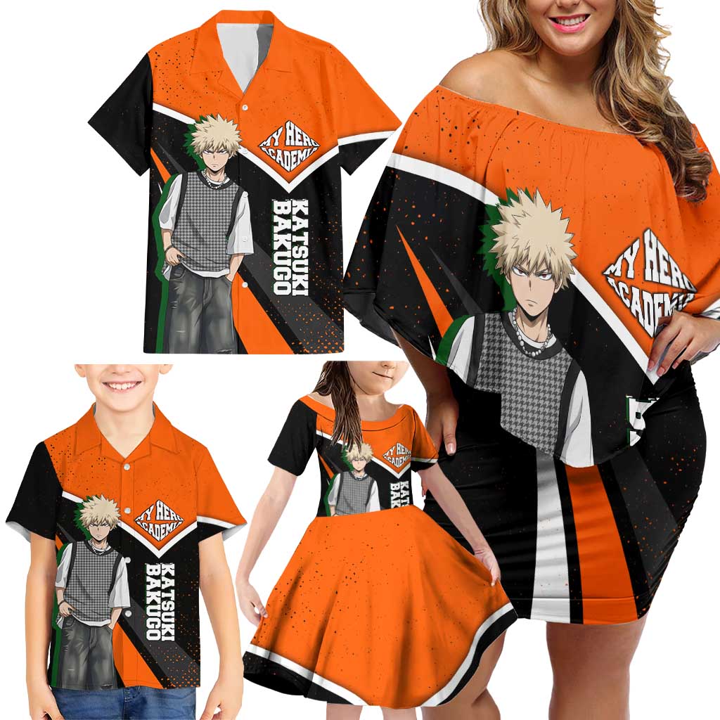 Katsuki Bakugo My Hero Academia Family Matching Off Shoulder Short Dress and Hawaiian Shirt Anime Grunge Splatter Graphic Style