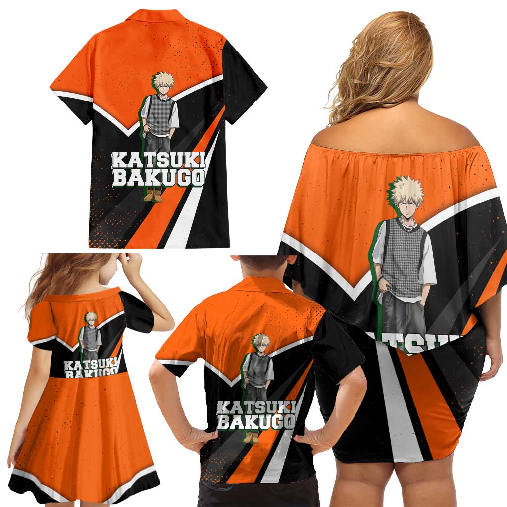 Katsuki Bakugo My Hero Academia Family Matching Off Shoulder Short Dress and Hawaiian Shirt Anime Grunge Splatter Graphic Style