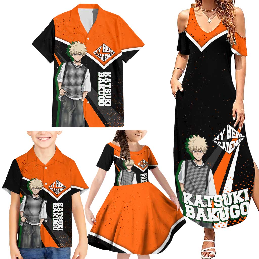 Katsuki Bakugo My Hero Academia Family Matching Summer Maxi Dress and Hawaiian Shirt Anime Grunge Splatter Graphic Style
