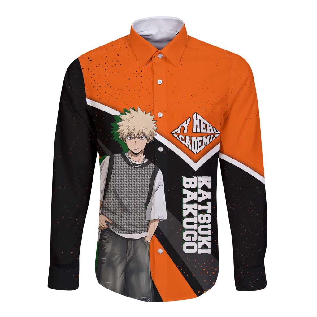 Katsuki Bakugo My Hero Academia Long Sleeve Button Shirt Anime Grunge Splatter Graphic Style