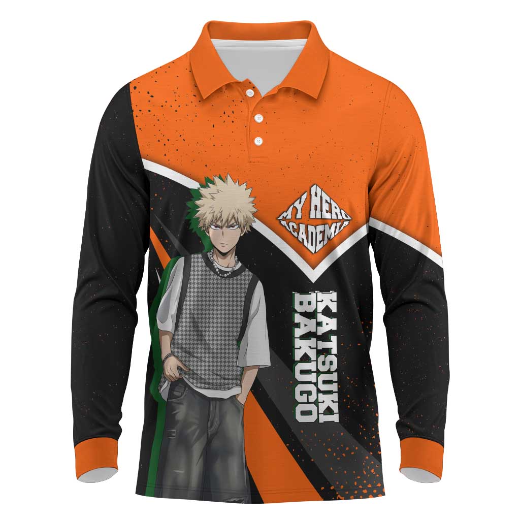 Katsuki Bakugo My Hero Academia Long Sleeve Polo Shirt Anime Grunge Splatter Graphic Style