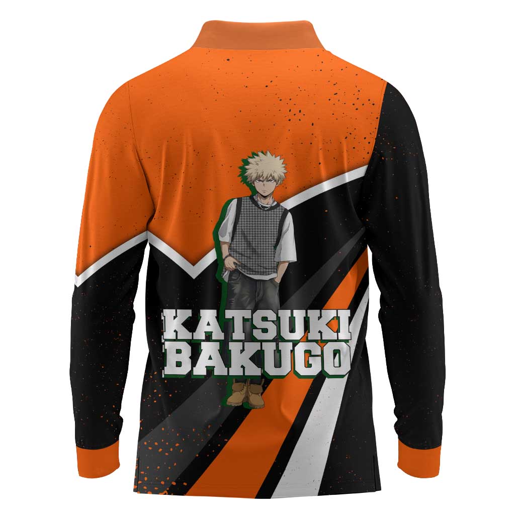 Katsuki Bakugo My Hero Academia Long Sleeve Polo Shirt Anime Grunge Splatter Graphic Style