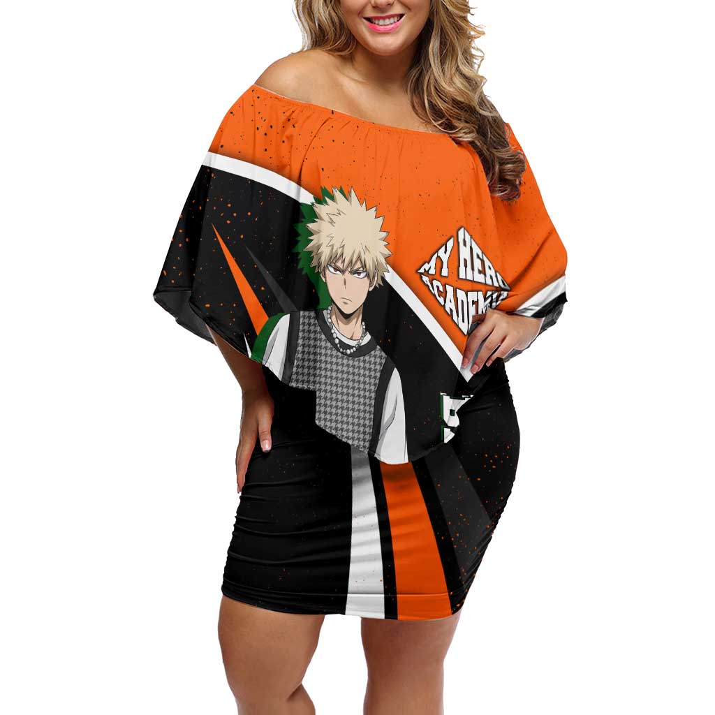 Katsuki Bakugo My Hero Academia Off Shoulder Short Dress Anime Grunge Splatter Graphic Style