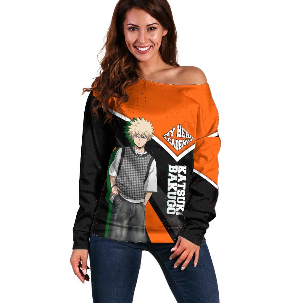 Katsuki Bakugo My Hero Academia Off Shoulder Sweater Anime Grunge Splatter Graphic Style