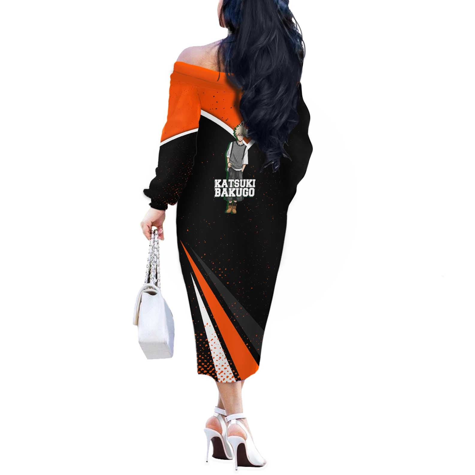 Katsuki Bakugo My Hero Academia Off The Shoulder Long Sleeve Dress Anime Grunge Splatter Graphic Style
