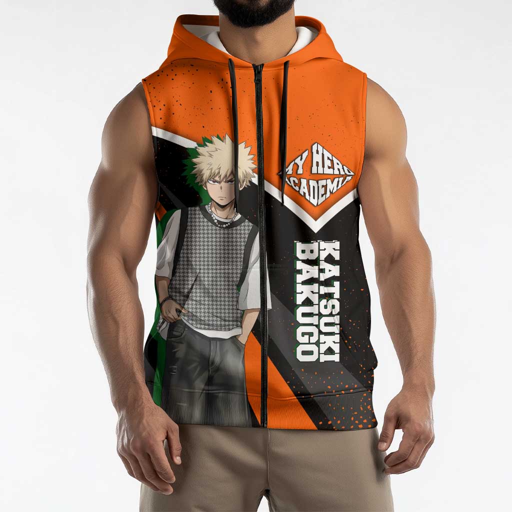 Katsuki Bakugo My Hero Academia Sleeveless Zip Hoodie Anime Grunge Splatter Graphic Style