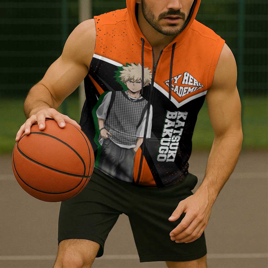 Katsuki Bakugo My Hero Academia Sleeveless Zip Hoodie Anime Grunge Splatter Graphic Style