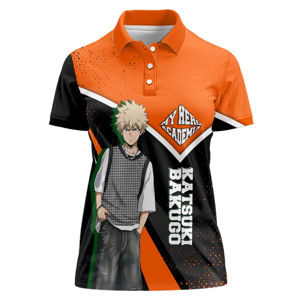 Katsuki Bakugo My Hero Academia Women Polo Shirt Anime Grunge Splatter Graphic Style