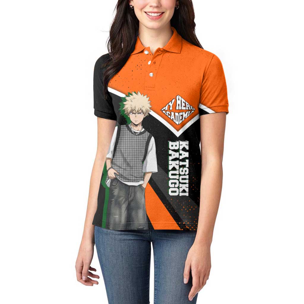Katsuki Bakugo My Hero Academia Women Polo Shirt Anime Grunge Splatter Graphic Style