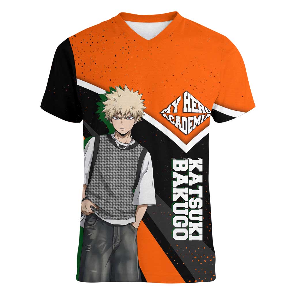Katsuki Bakugo My Hero Academia Women V-Neck T-Shirt Anime Grunge Splatter Graphic Style
