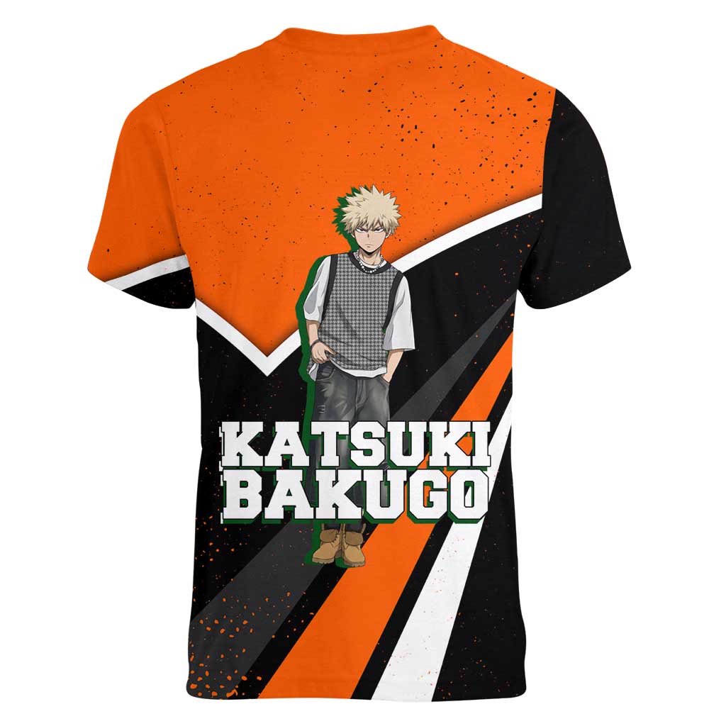 Katsuki Bakugo My Hero Academia Women V-Neck T-Shirt Anime Grunge Splatter Graphic Style