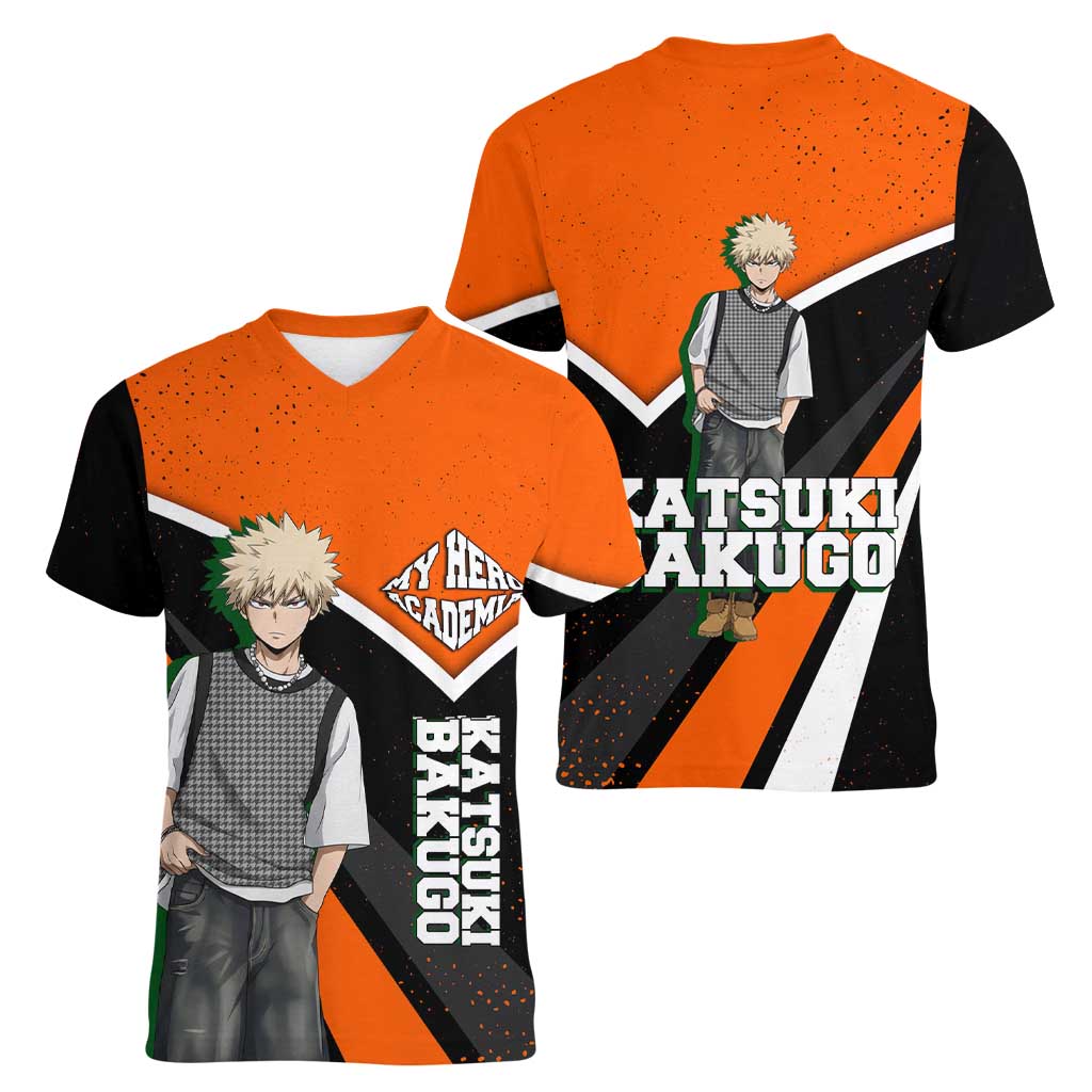 Katsuki Bakugo My Hero Academia Women V-Neck T-Shirt Anime Grunge Splatter Graphic Style