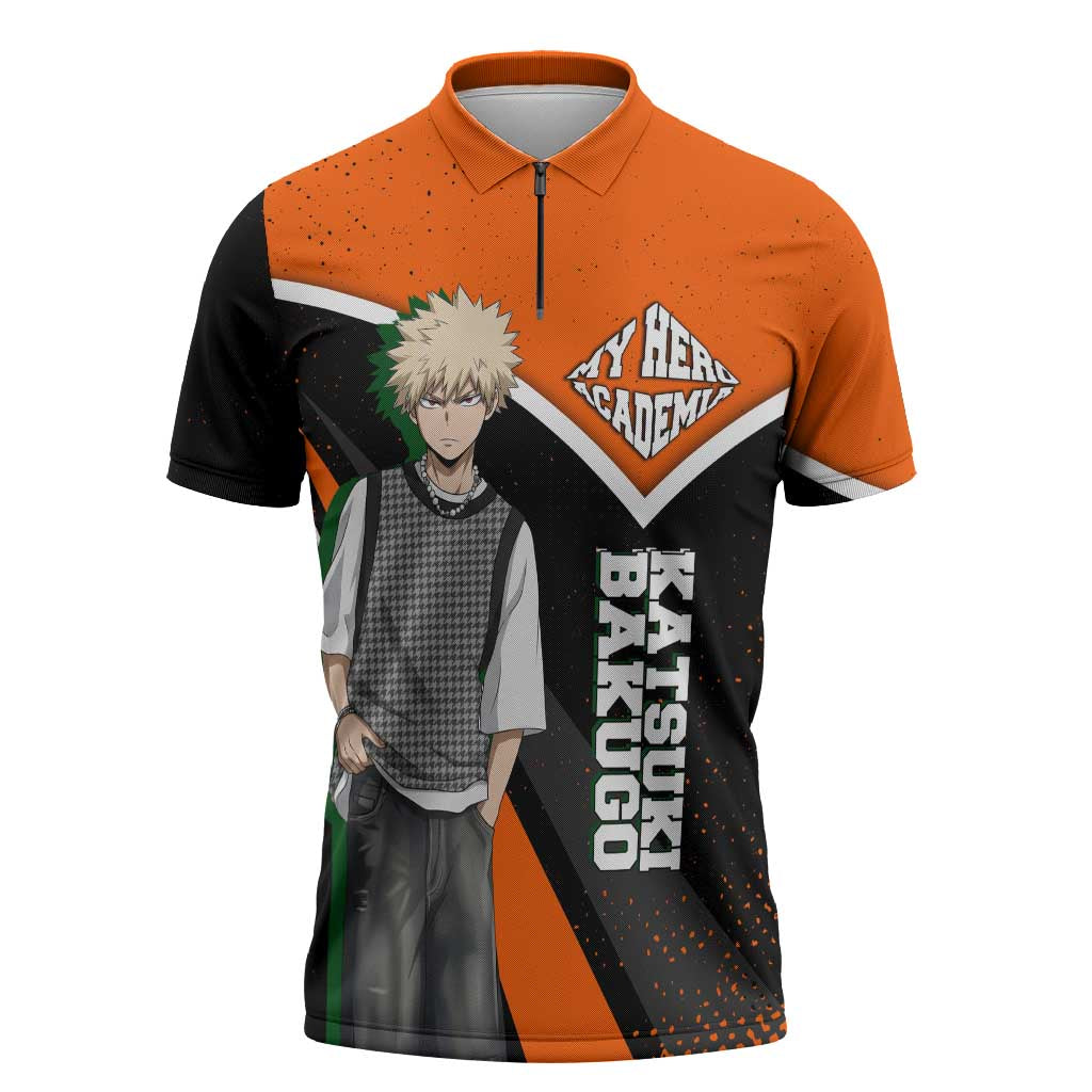 Katsuki Bakugo My Hero Academia Zipper Polo Shirt Anime Grunge Splatter Graphic Style