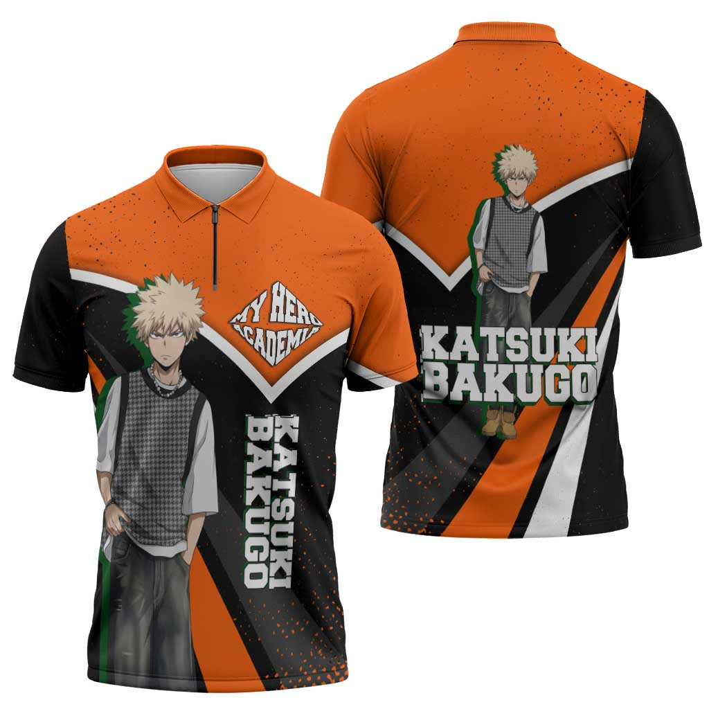 Katsuki Bakugo My Hero Academia Zipper Polo Shirt Anime Grunge Splatter Graphic Style