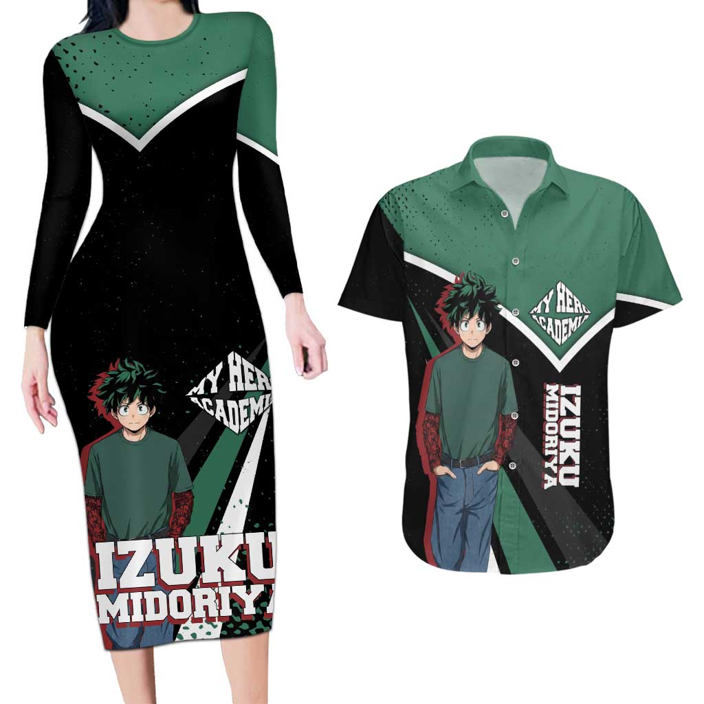 Izuku Midoriya My Hero Academia Couples Matching Long Sleeve Bodycon Dress and Hawaiian Shirt Anime Grunge Splatter Graphic Style