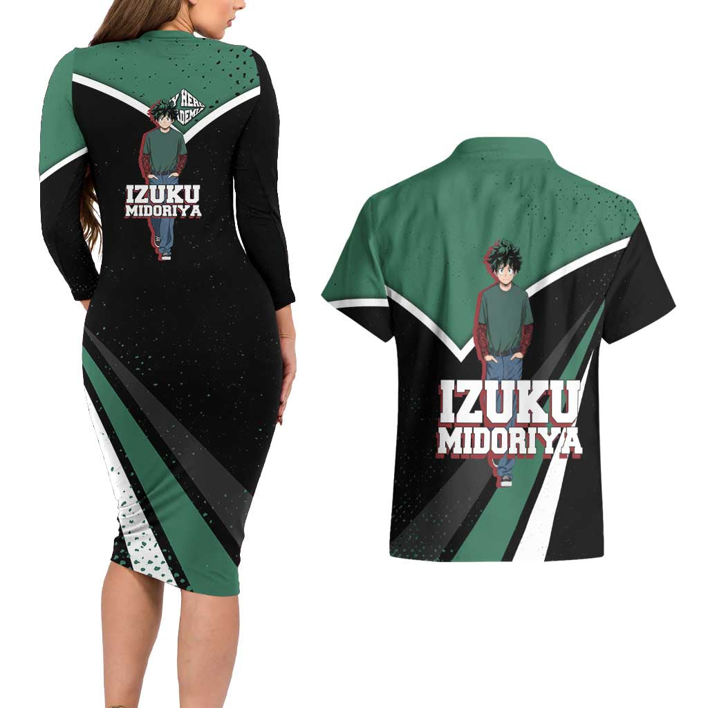 Izuku Midoriya My Hero Academia Couples Matching Long Sleeve Bodycon Dress and Hawaiian Shirt Anime Grunge Splatter Graphic Style