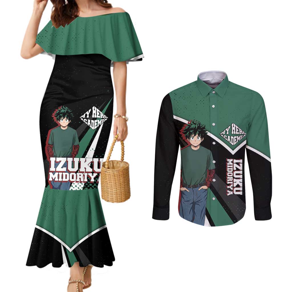 Izuku Midoriya My Hero Academia Couples Matching Mermaid Dress and Long Sleeve Button Shirt Anime Grunge Splatter Graphic Style