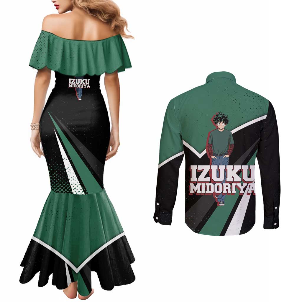 Izuku Midoriya My Hero Academia Couples Matching Mermaid Dress and Long Sleeve Button Shirt Anime Grunge Splatter Graphic Style