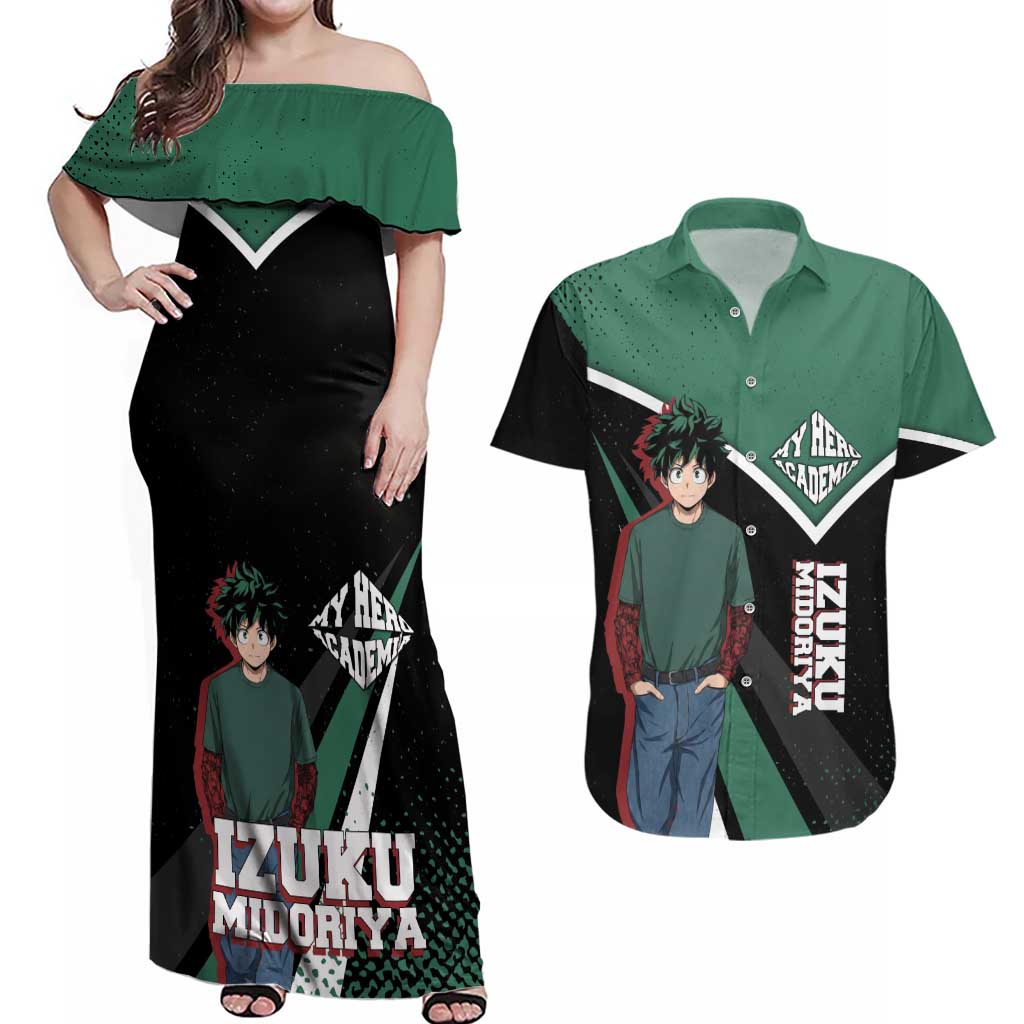 Izuku Midoriya My Hero Academia Couples Matching Off Shoulder Maxi Dress and Hawaiian Shirt Anime Grunge Splatter Graphic Style