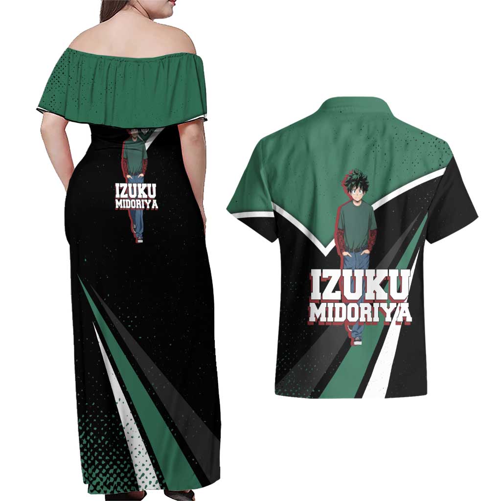 Izuku Midoriya My Hero Academia Couples Matching Off Shoulder Maxi Dress and Hawaiian Shirt Anime Grunge Splatter Graphic Style