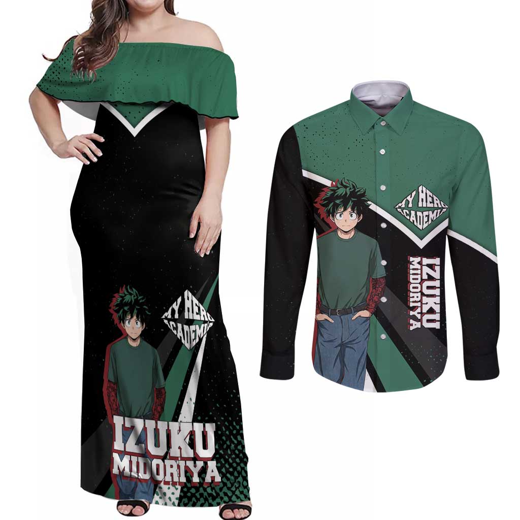 Izuku Midoriya My Hero Academia Couples Matching Off Shoulder Maxi Dress and Long Sleeve Button Shirt Anime Grunge Splatter Graphic Style
