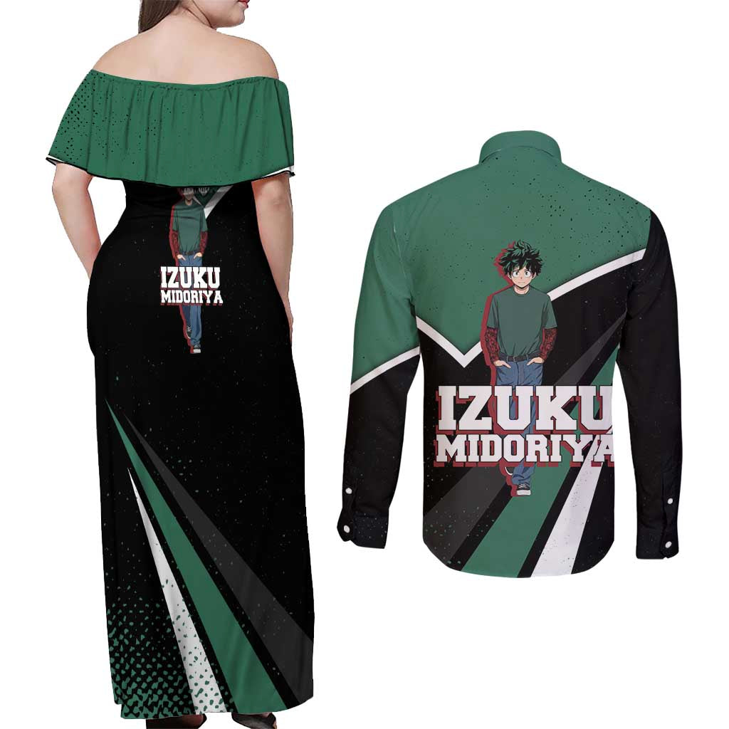 Izuku Midoriya My Hero Academia Couples Matching Off Shoulder Maxi Dress and Long Sleeve Button Shirt Anime Grunge Splatter Graphic Style