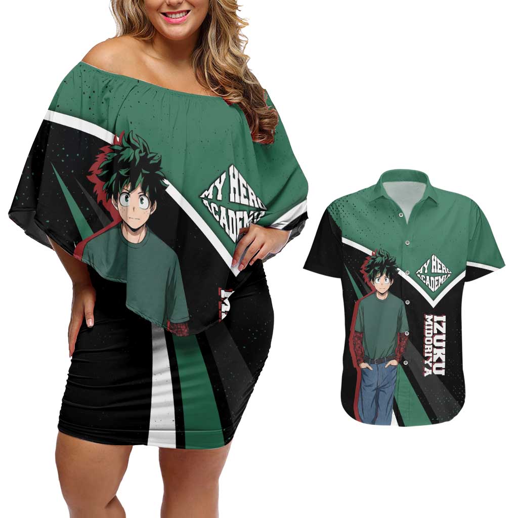 Izuku Midoriya My Hero Academia Couples Matching Off Shoulder Short Dress and Hawaiian Shirt Anime Grunge Splatter Graphic Style